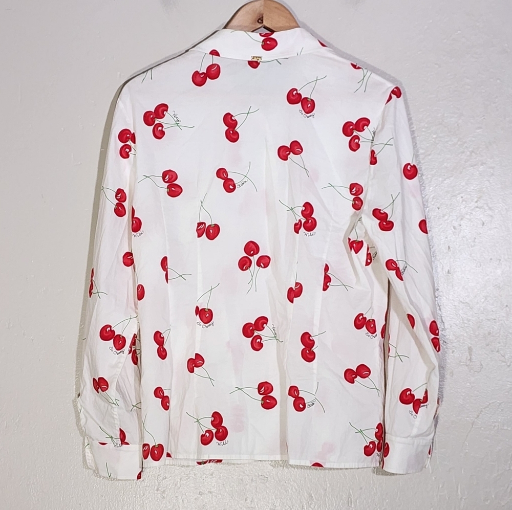 Women’s Cherry-Print Button-Down Shirt - White/Red - Picture 2 of 7